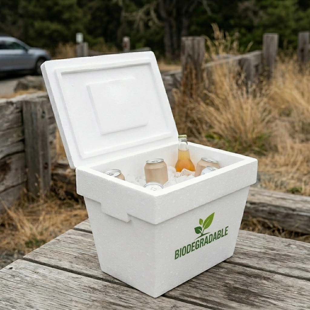 Hielera biodegradable de Formas Térmicas fabricada con Biopek® para conservación y empaque térmico.